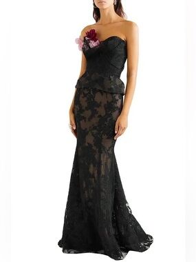 NWT Marchesa Strapless Appliquéd Corded Lace And Tulle Peplum Gown